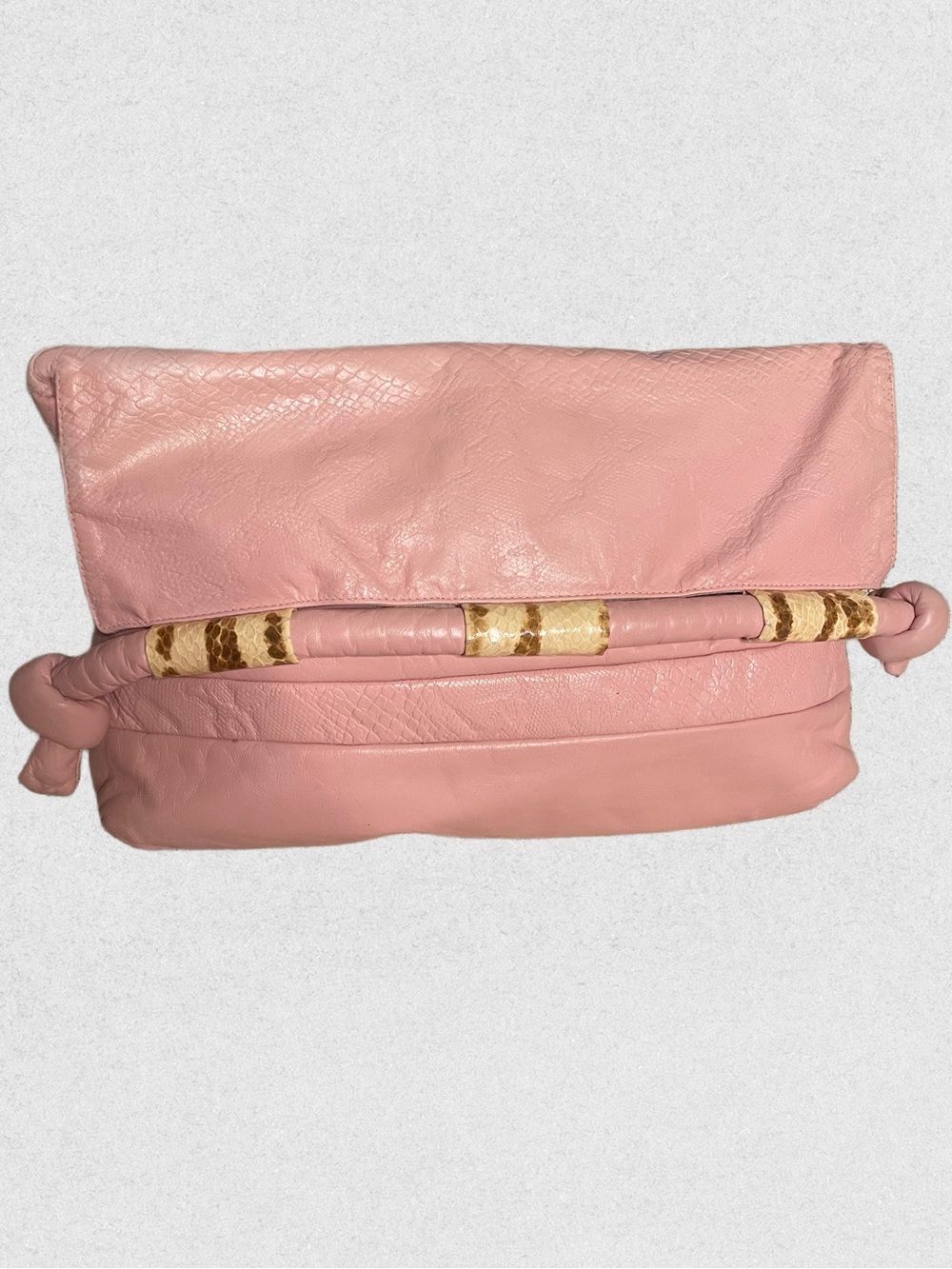 1980s Pink Leather Fold-Over Clutch with Snake-Trim Handle